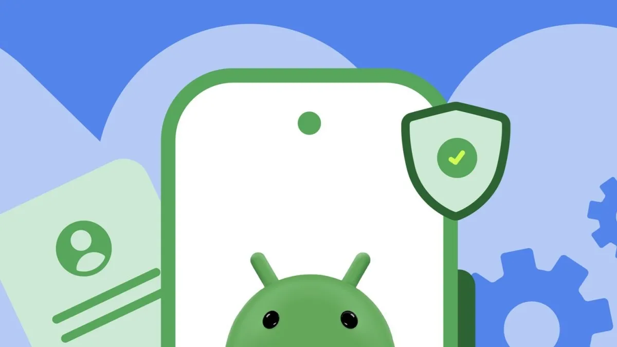 Illustration of the Android mascot peeking from behind a phone with a verification shield next to a user icon