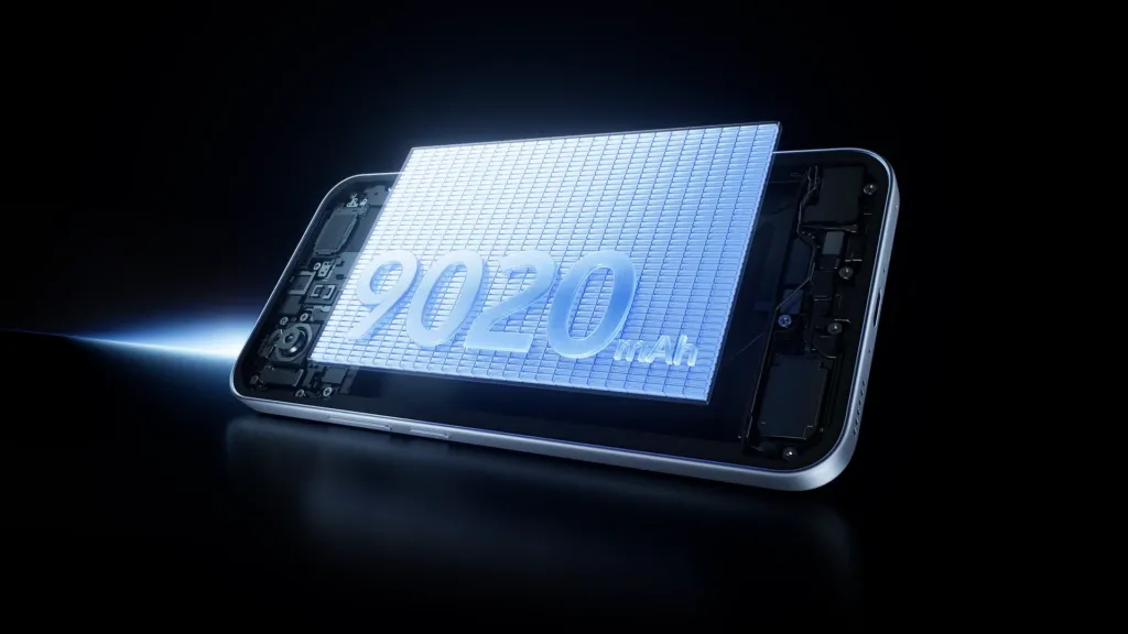 Renderizado de un teléfono con la batería iluminada y la cifra 9.020 mAh destacada sobre un fondo negro