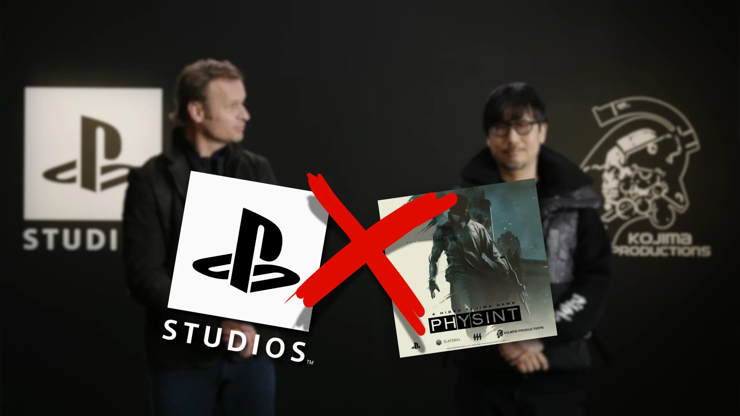 Hideo Kojima y un directivo de PlayStation anunciando una colaboración sobre un fondo de evento