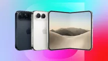 El iPhone Duo desplegado sobre un fondo morado, azul y rojo