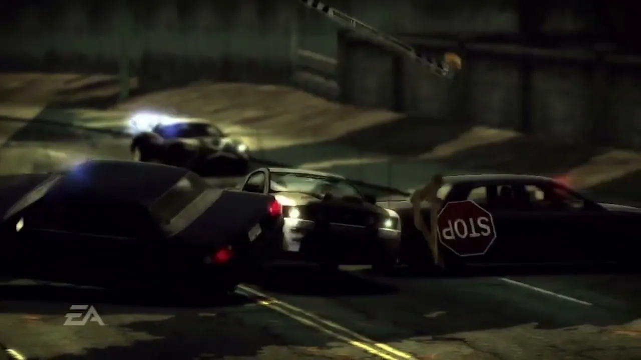 Persecución policial nocturna en una captura de Need for Speed: Most Wanted (2005), imagen del vídeo de presentación del port para Nintendo Switch