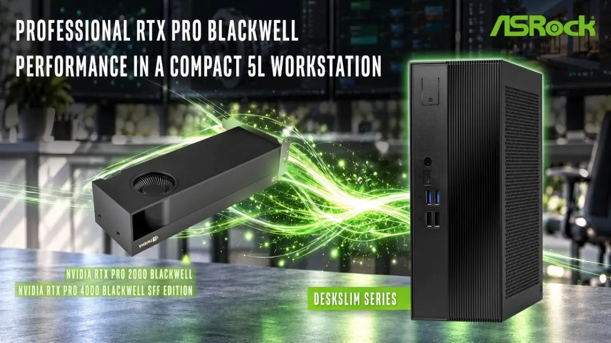 Banner de ASRock con una tarjeta gráfica de perfil bajo y el equipo compacto DeskSlim de 5 litros