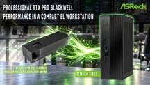 ASRock banner showing a low-profile graphics card and the 5-litre DeskSlim compact system