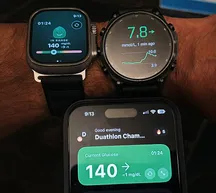 Aplicación Sugar Sense mostrando datos de glucosa junto a un Garmin Fenix 9 Pro y un Apple Watch Ultra 4