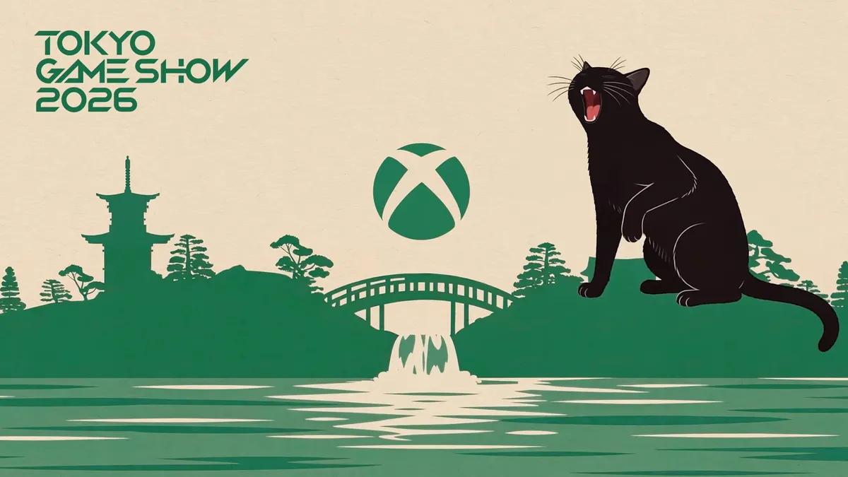 Ilustración de Tokyo Game Show 2026 con un gato negro, un puente y una pagoda, con el logotipo de Xbox en primer plano