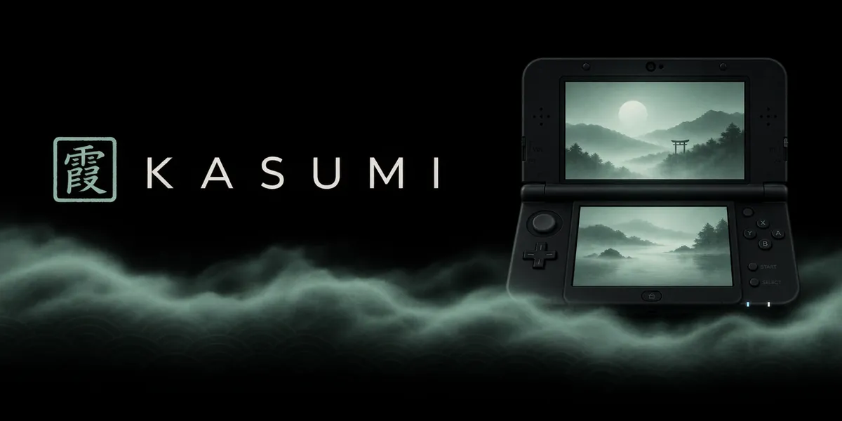 Logotipo de Kasumi en verde menta sobre fondo negro, junto a una New 3DS cuyas dos pantallas muestran un paisaje brumoso