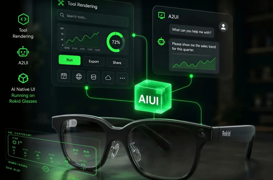 Render de unas gafas Rokid con la interfaz de AIUI Studio superpuesta y el logotipo AIUI en el centro