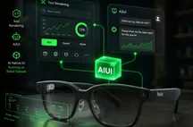 Render de unas gafas Rokid con la interfaz de AIUI Studio superpuesta y el logotipo AIUI en el centro