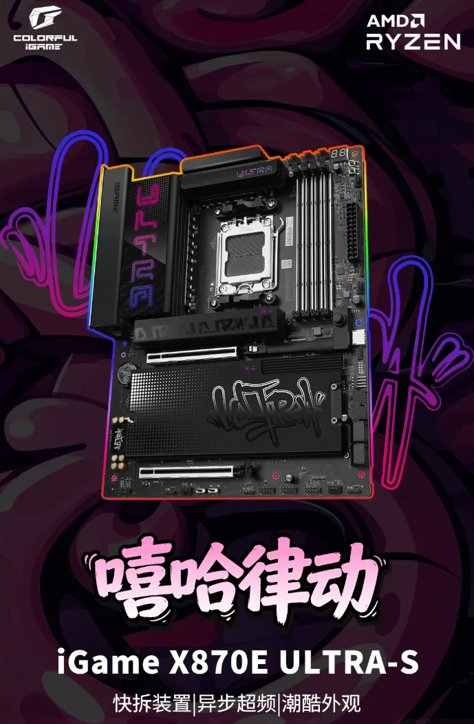 Placa base negra Colorful iGame X870E Ultra-S con cuatro ranuras de memoria y disipadores sobre un fondo morado
