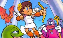 Ilustración promocional de Kid Icarus con Pit disparando una flecha rodeado de enemigos