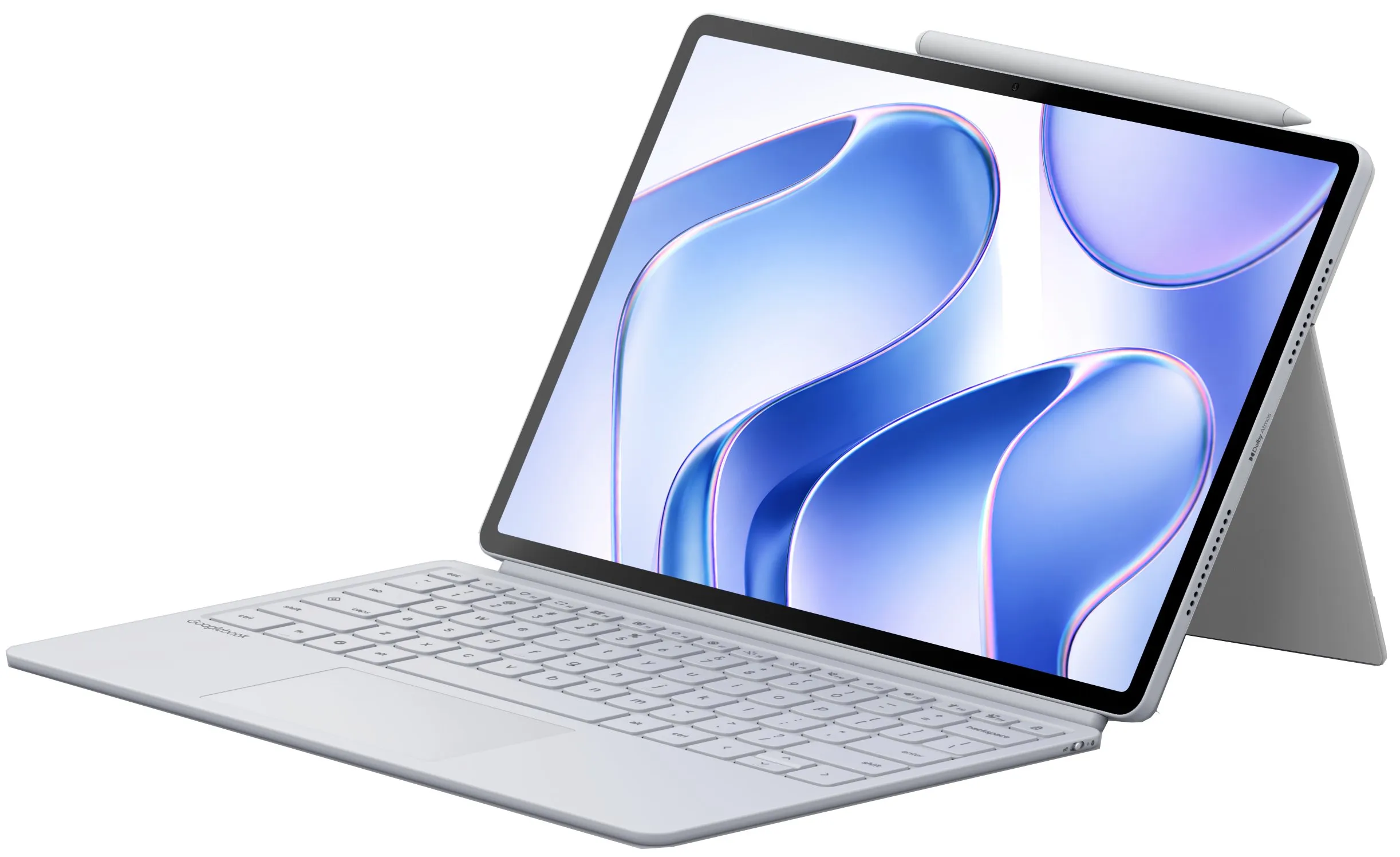 Render filtrado del Lenovo Googlebook 2 en 1 con teclado acoplado y marca Googlebook en el reposamanos