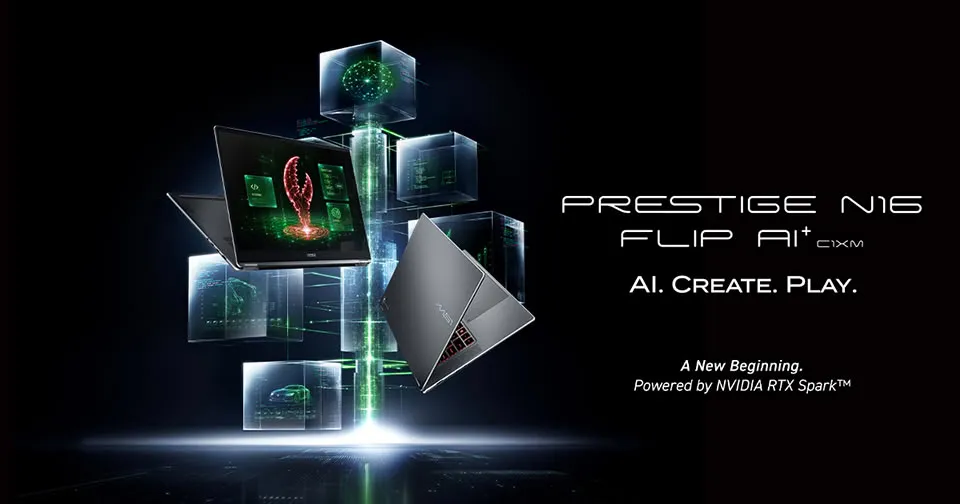 Imagen promocional del MSI Prestige N16 Flip AI+ con el lema AI. Create. Play. y la referencia a NVIDIA RTX Spark