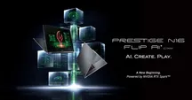 Imagen promocional del MSI Prestige N16 Flip AI+ con el lema AI. Create. Play. y la referencia a NVIDIA RTX Spark