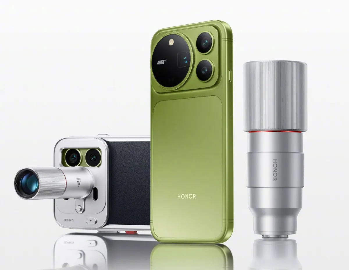Honor Magic 9 Pro Max en color verde con su módulo de cámara ARRI, junto a accesorios de imagen de la marca