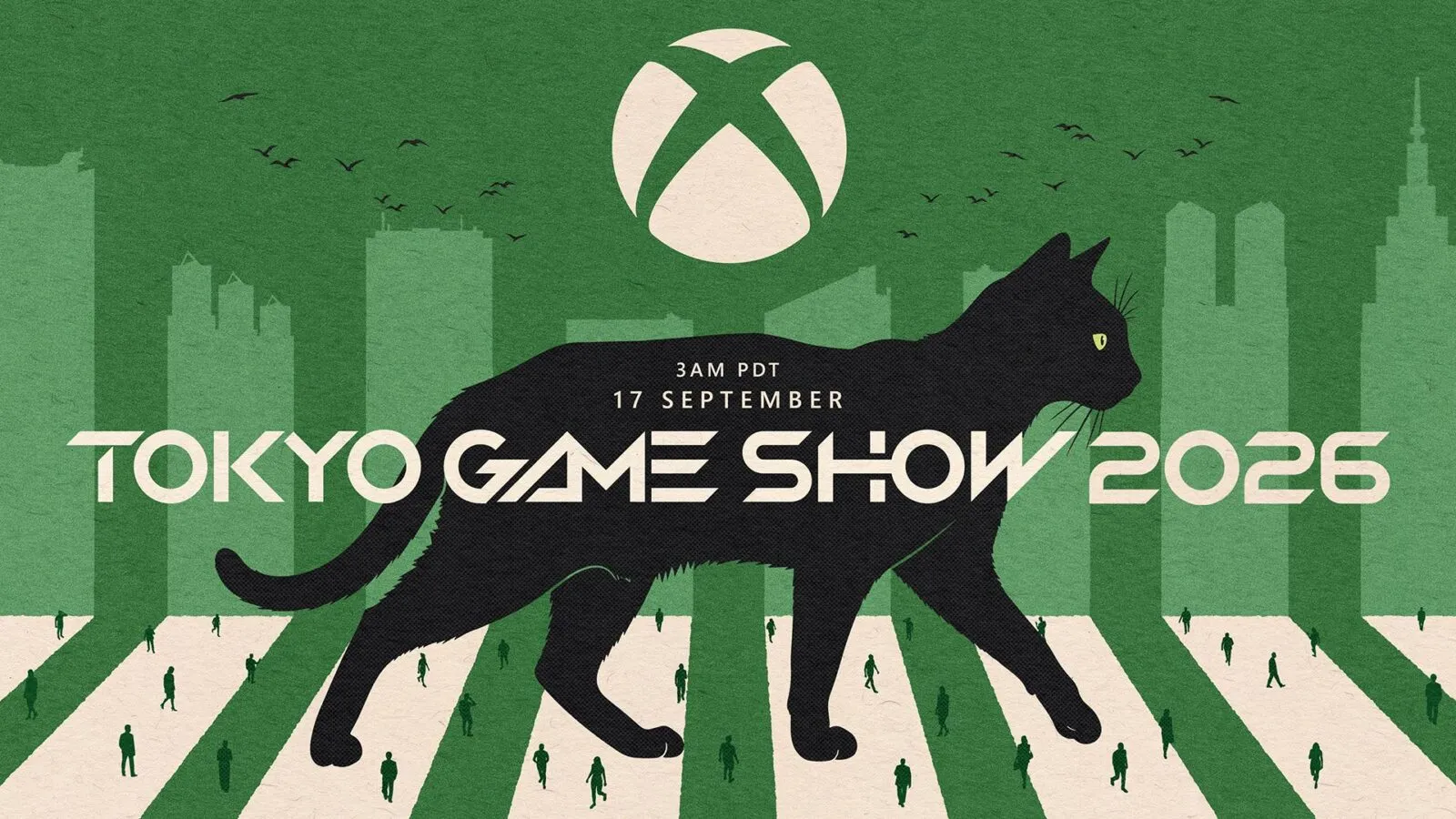 Gato negro, mascota de Xbox, cruzando una calle de Tokio bajo el anuncio de Tokyo Game Show 2026