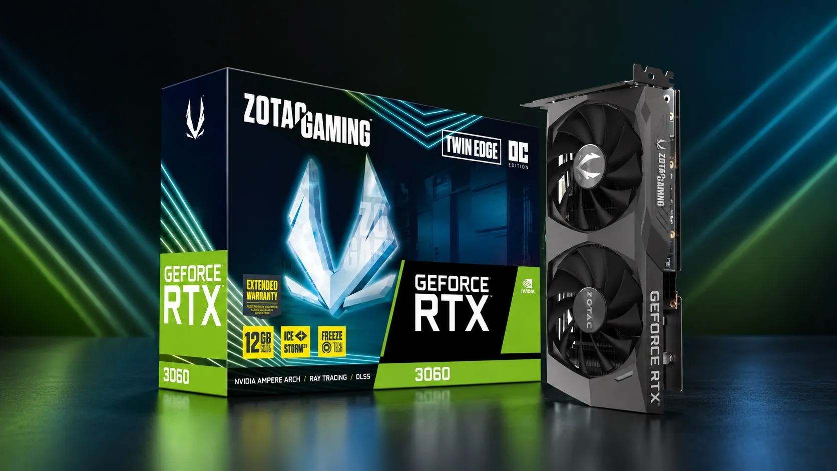 Tarjeta gráfica ZOTAC Gaming GeForce RTX 3060 Twin Edge OC junto a su caja