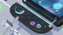 Logotipo de Nintendo Switch 2 Welcome Tour sobre una recreación isométrica de la consola con un Joy-Con convertido en parque temático