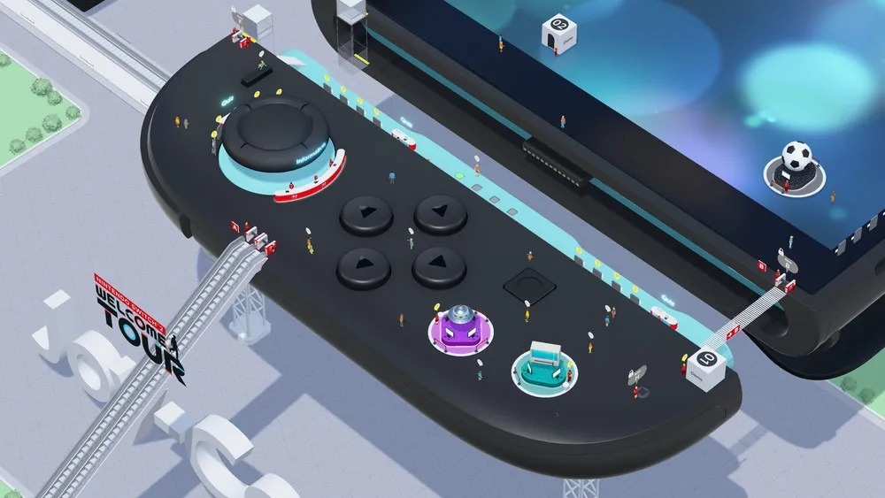 Logotipo de Nintendo Switch 2 Welcome Tour sobre una recreación isométrica de la consola con un Joy-Con convertido en parque temático