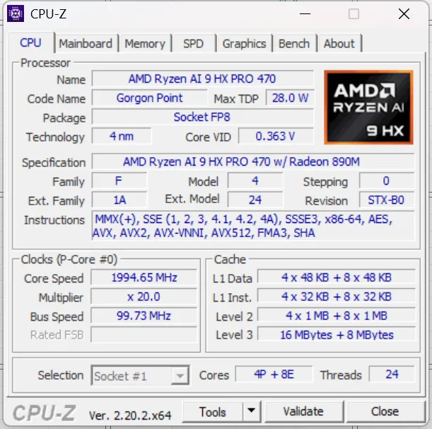 Captura de CPU-Z del Ryzen AI 9 HX PRO 470