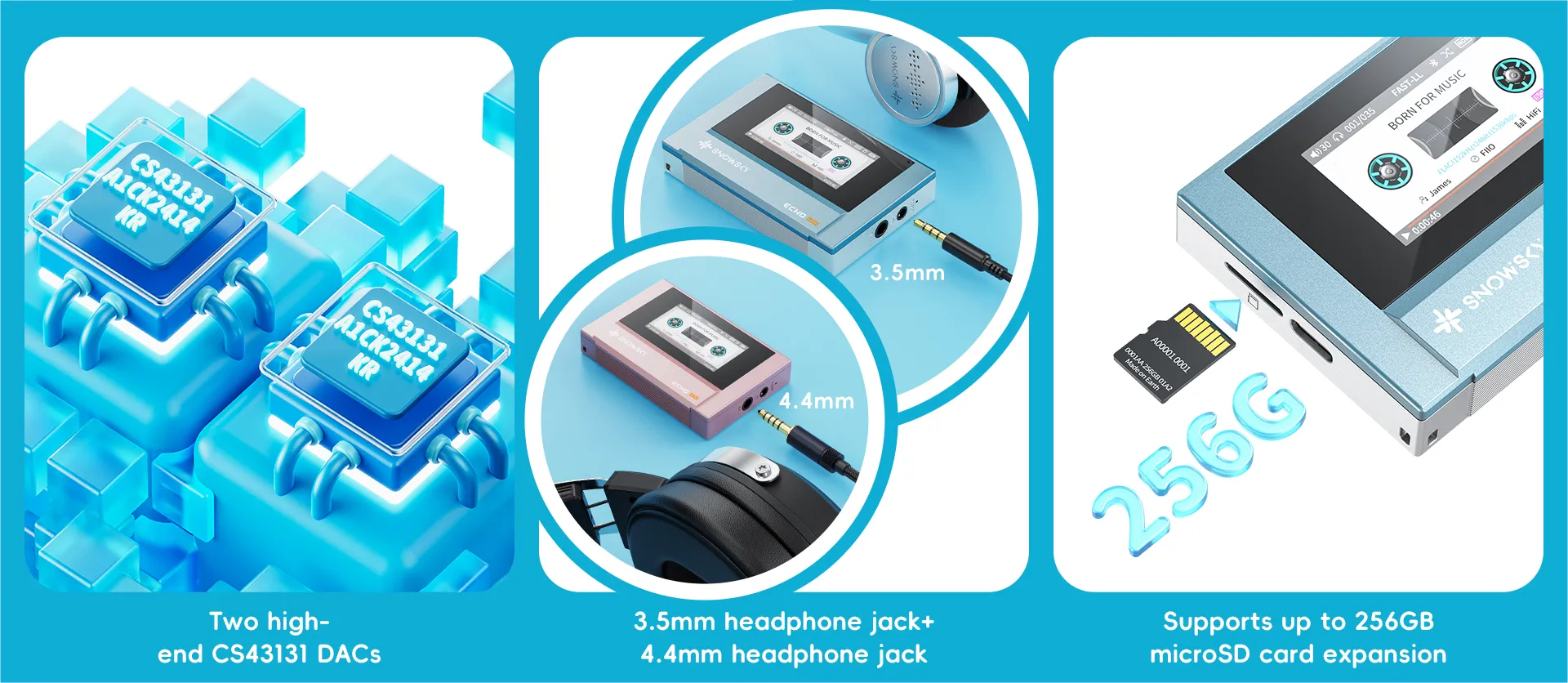 Detalle de los dos DAC CS43131, las salidas de 3,5 y 4,4 mm y la ranura microSD