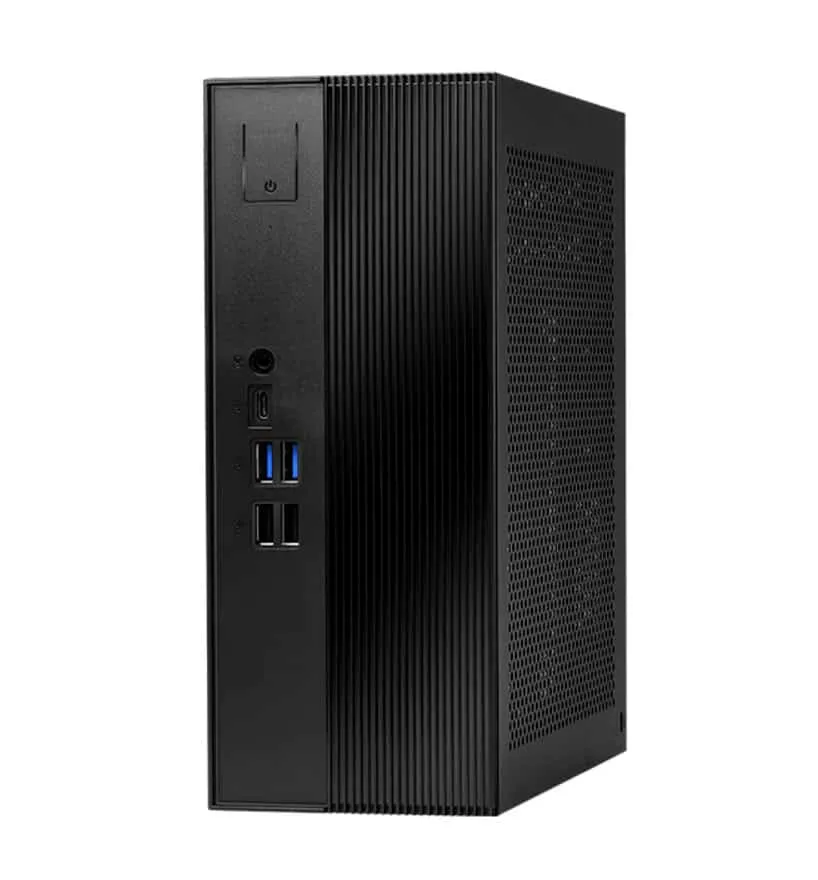 Frente y lateral del chasis DeskSlim en negro, con puertos USB y audio frontales