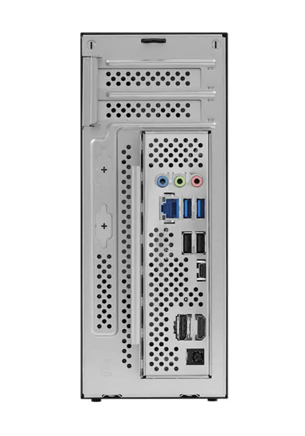 Panel trasero del DeskSlim X600 con conectores de audio, USB y salidas de vídeo