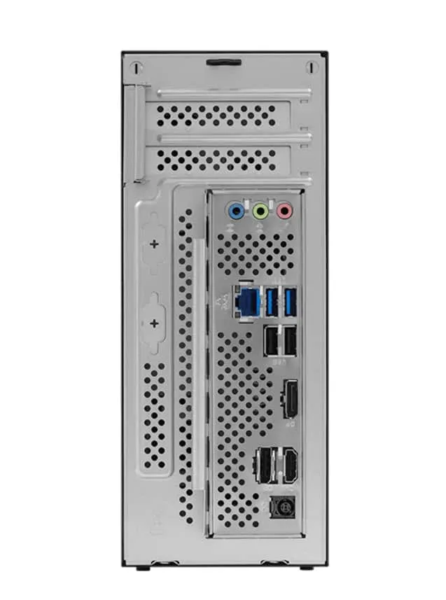 Panel trasero del DeskSlim B760 con conectores de audio, USB y salidas de vídeo