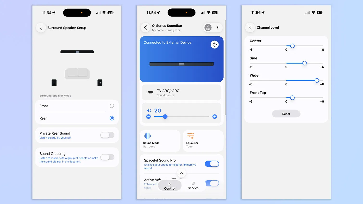 Pantallas de SmartThings con SpaceFit Sound Pro y ajustes de volumen por canal