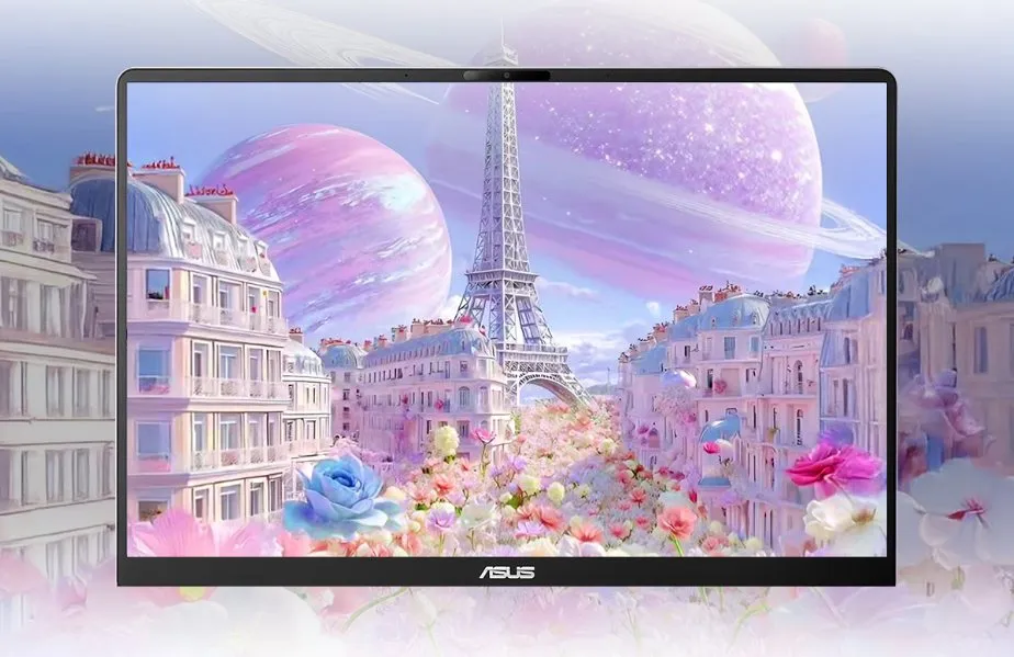 Pantalla del ASUS adol con una escena de París y planetas en una imagen promocional