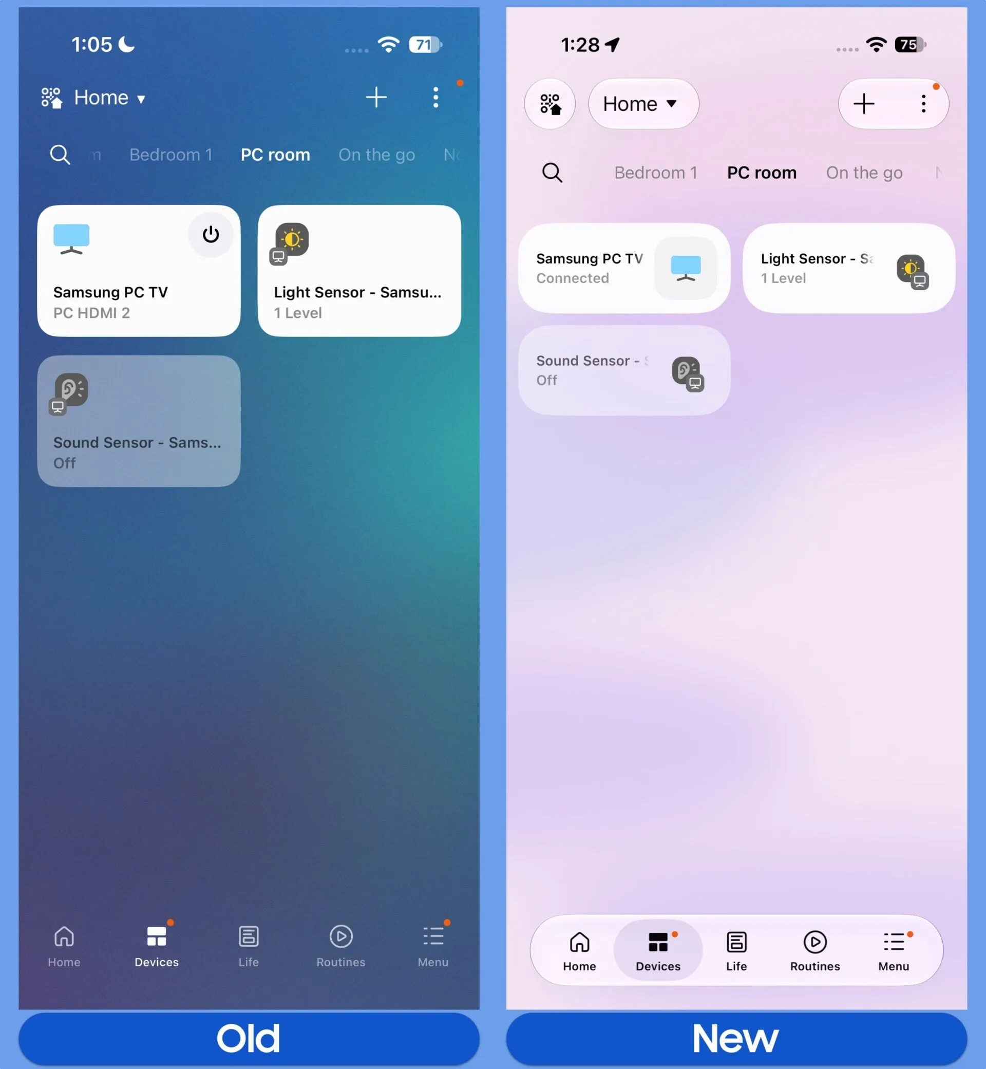 Comparación del diseño antiguo y del nuevo en la pestaña de dispositivos de SmartThings