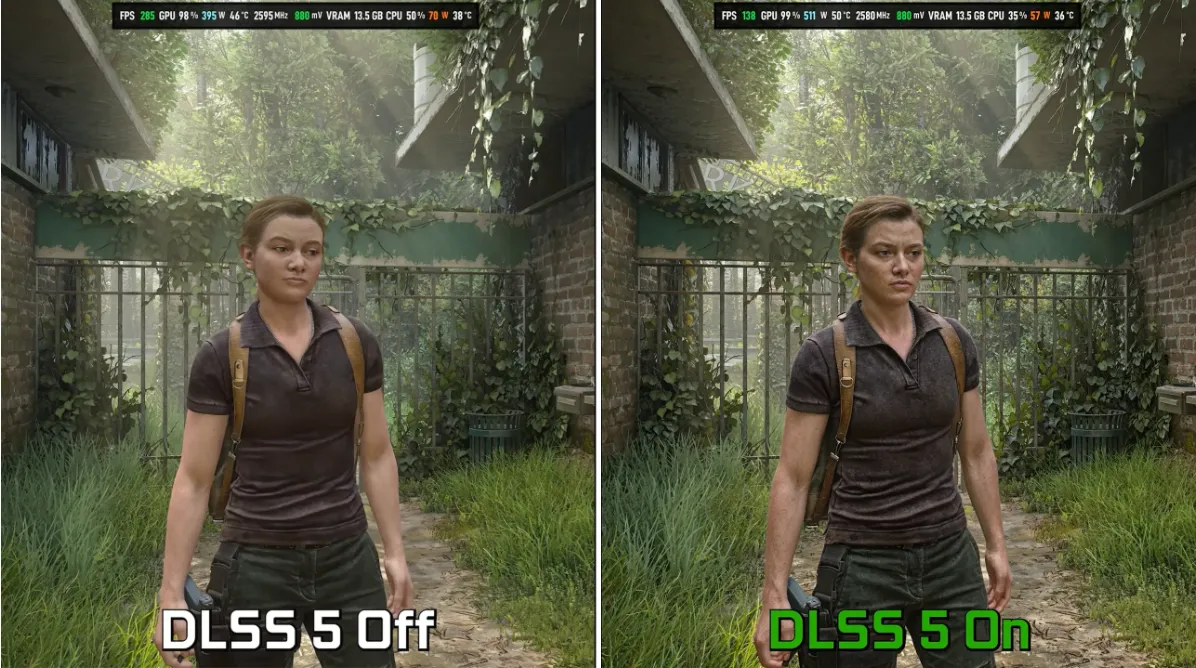 Monitorización en pantalla con las cifras de fps, consumo, temperatura y uso de VRAM antes y después de activar DLSS 5
