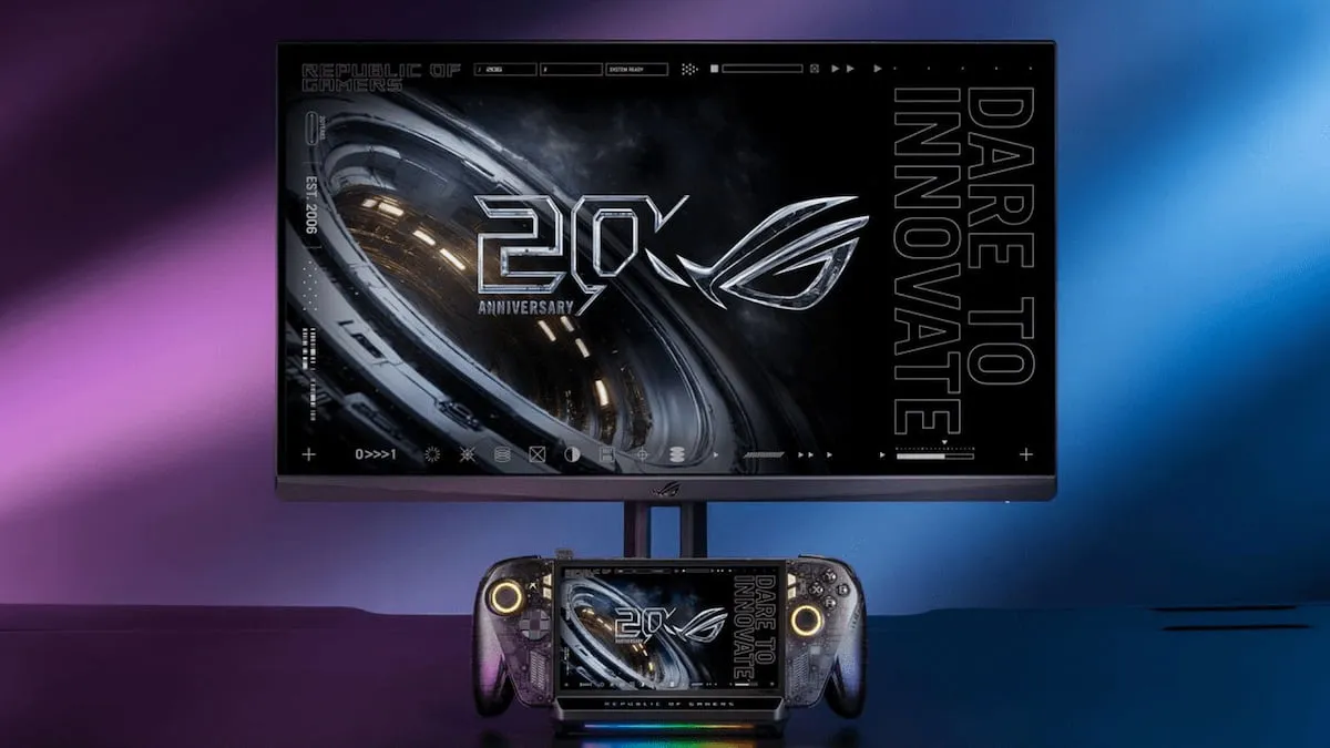 The ROG Ally console on the dock with the image mirrored on a ROG monitor