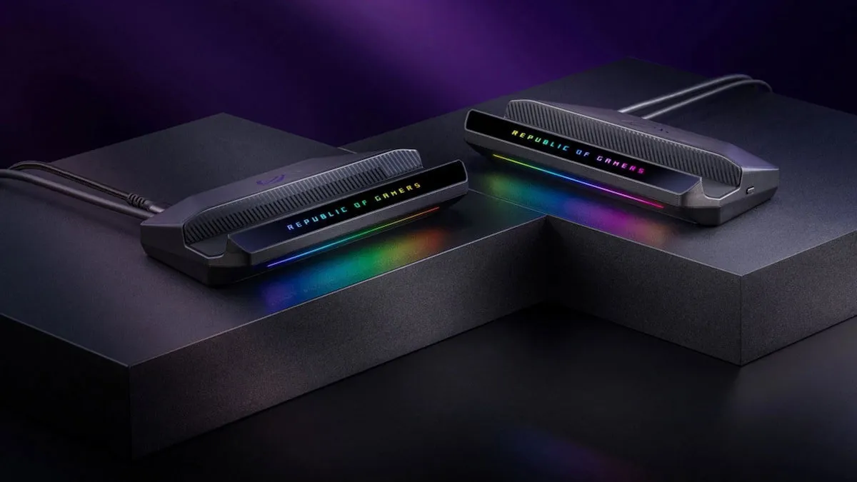 Two ROG Bulwark dock units lit with RGB on a dark surface