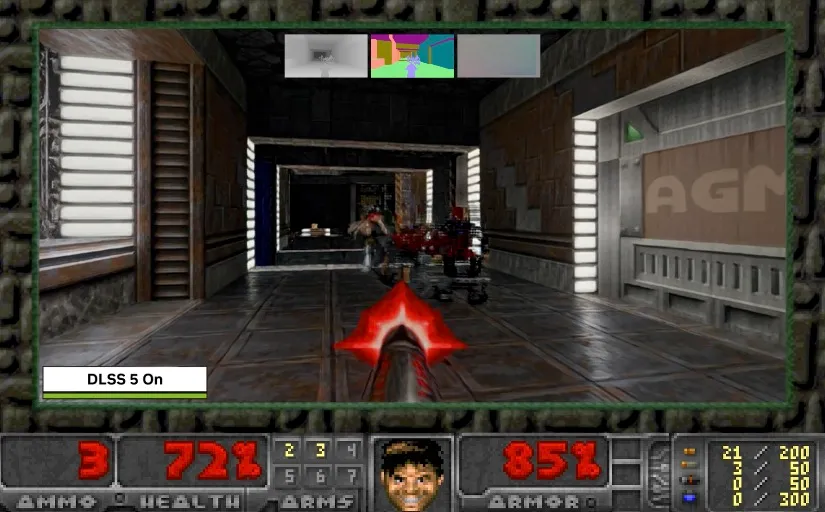 Interfaz de DOOM con el indicador DLSS 5 On durante una escena de disparos