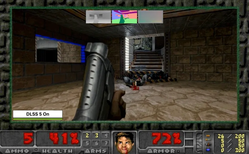 Escena de DOOM en un pasillo con el renderizado neuronal DLSS 5 aplicado