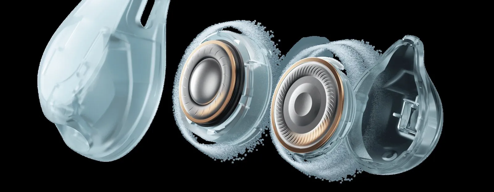Exploded view of an earbud with its two drivers