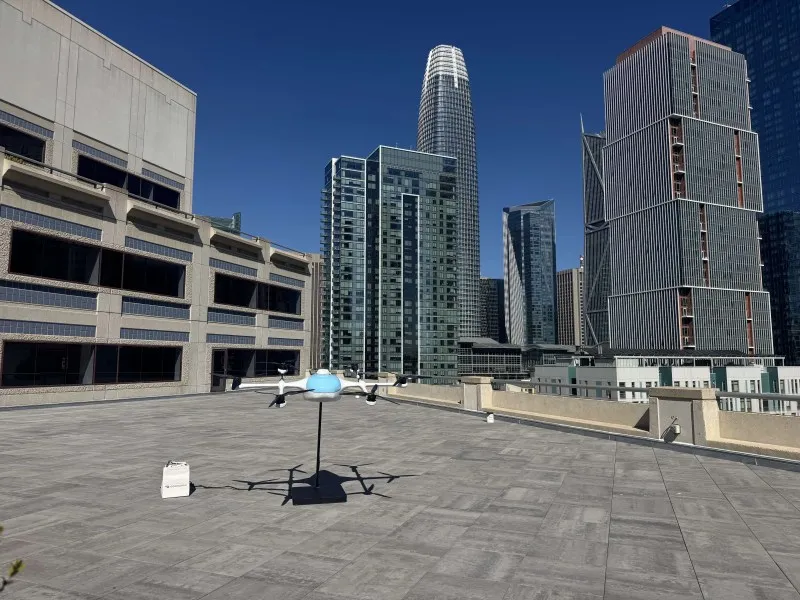 DoorDash delivery drone on the roof of the company’s San Francisco headquarters