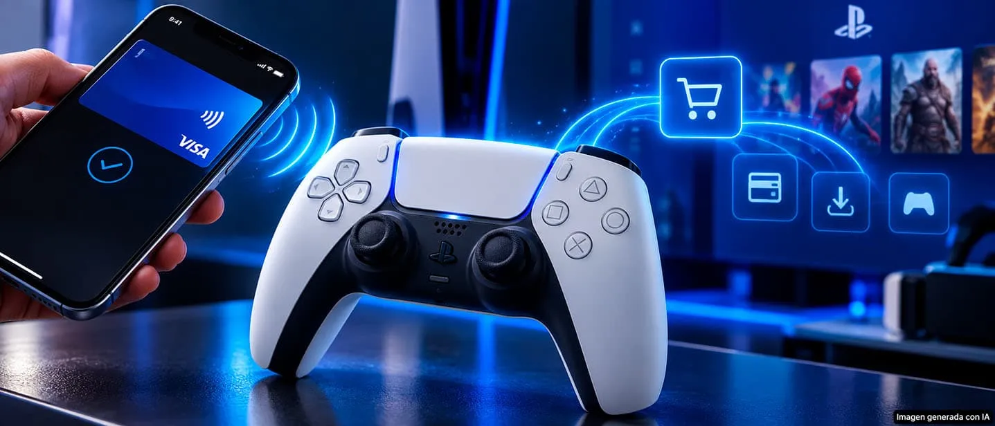 Ilustración generada con IA de un móvil mostrando una tarjeta y un mando DualSense conectados a la tienda de PlayStation