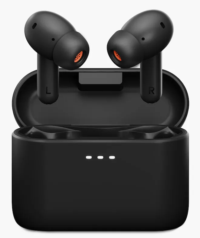 Auriculares Melomania A100 SE y su estuche de carga en negro