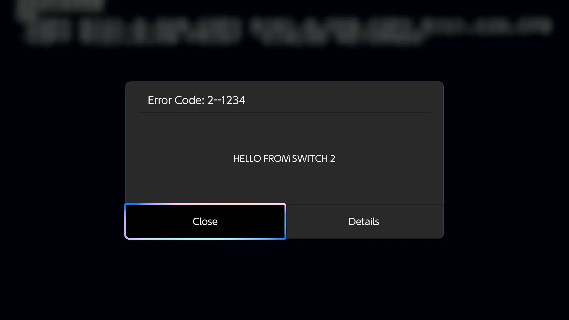 Mensaje de prueba HELLO FROM SWITCH 2 en un cuadro de diálogo de la consola, publicado por el investigador