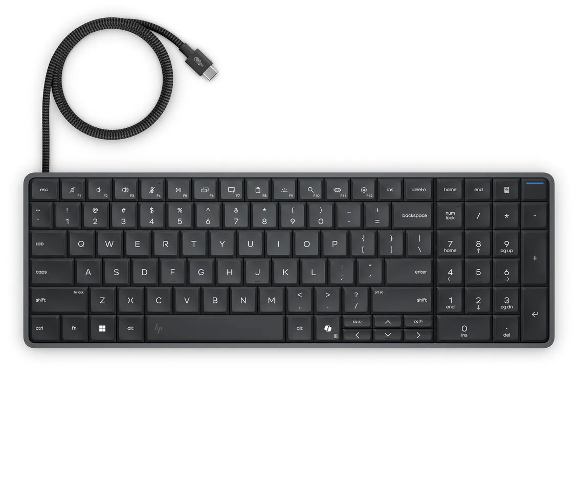 Vista superior del EliteBoard G2a con el cable USB-C trenzado recogido sobre el teclado