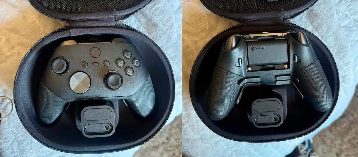Prototype of the Xbox Elite Series 3 controller next to its travel case