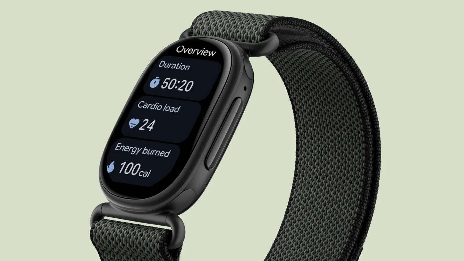 El Fitbit Edge en negro con una sesión de entrenamiento y la carga cardiaca en pantalla