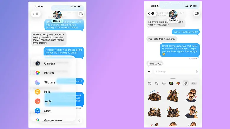 Dos capturas que muestran cómo enviar stickers por iMessage