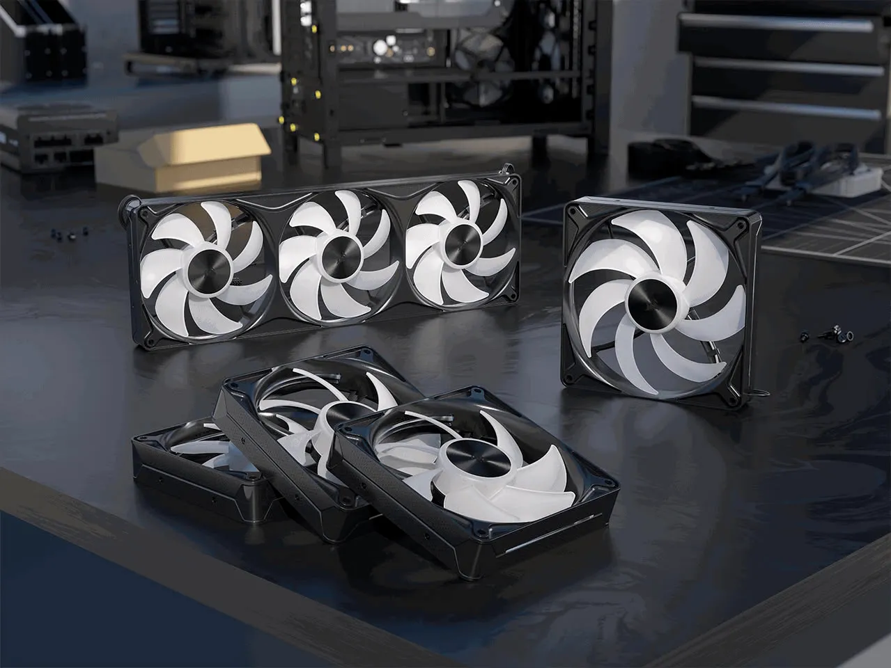 Ventiladores Corsair RS II en negro, en formato suelto y en bloque unificado de 360 mm