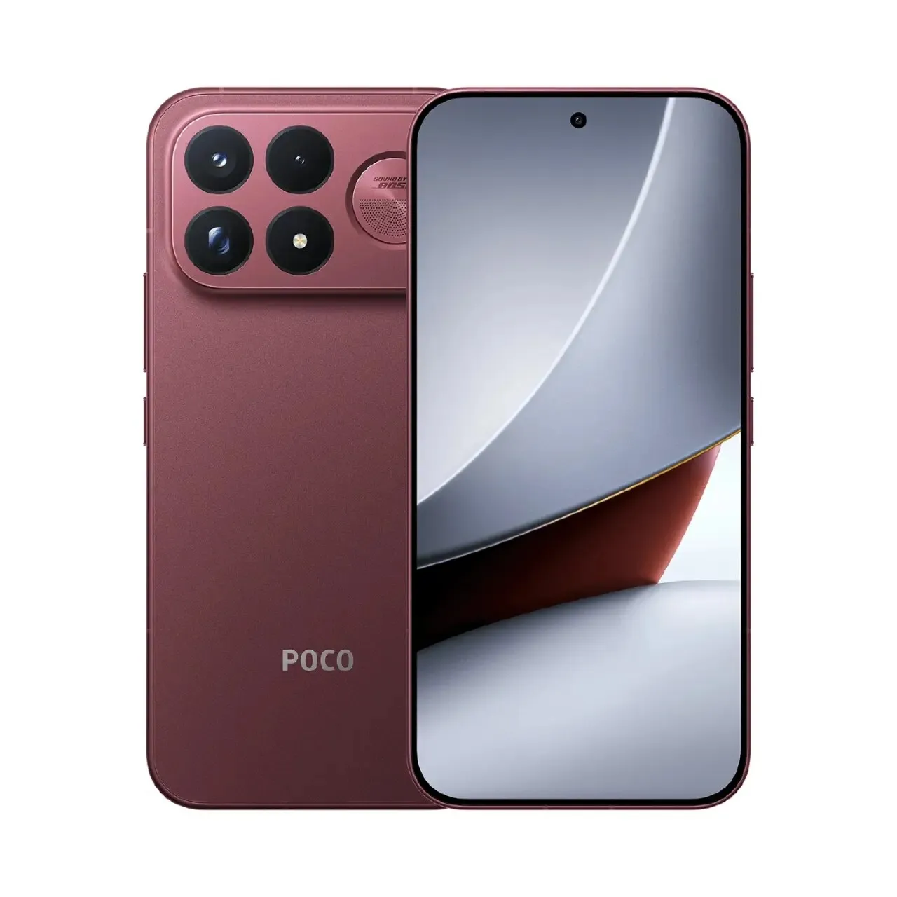 Render del Poco F9 Ultra en color burdeos, con la trasera y la pantalla a la vista