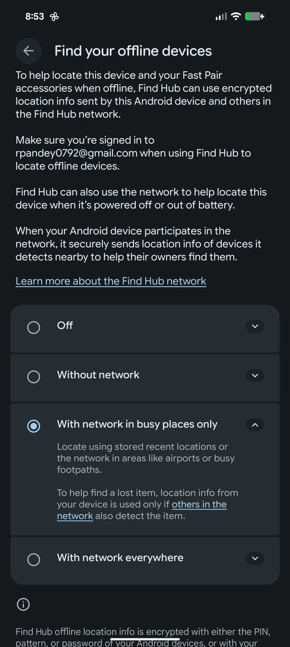 Ajustes de Find Hub con las opciones de búsqueda sin conexión
