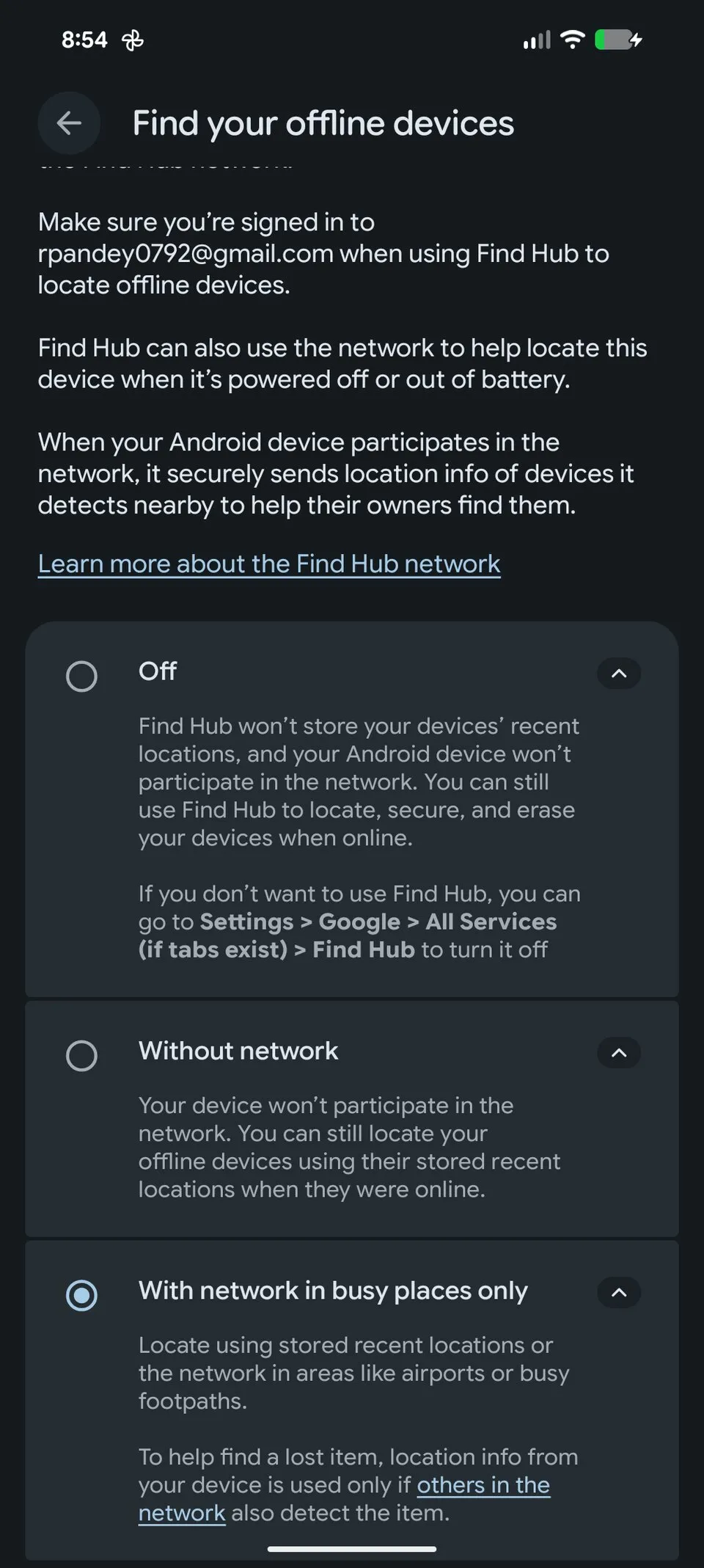 Segunda vista de los ajustes de Find Hub para dispositivos sin conexión