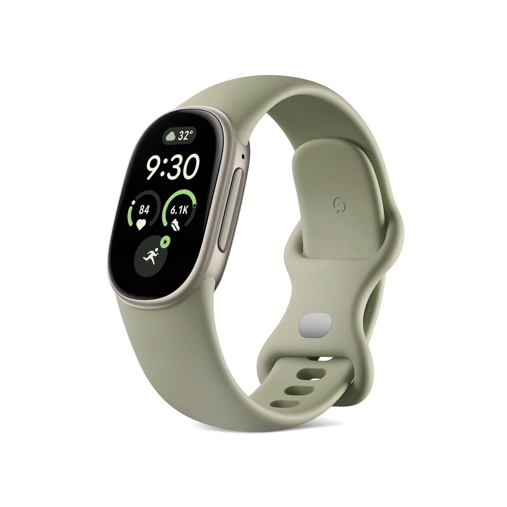 Vista lateral del Fitbit Edge con correa Olive