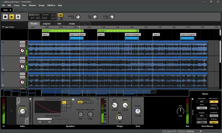 FMOD Studio event editor with the event timeline and the distance attenuation and spatializer panels